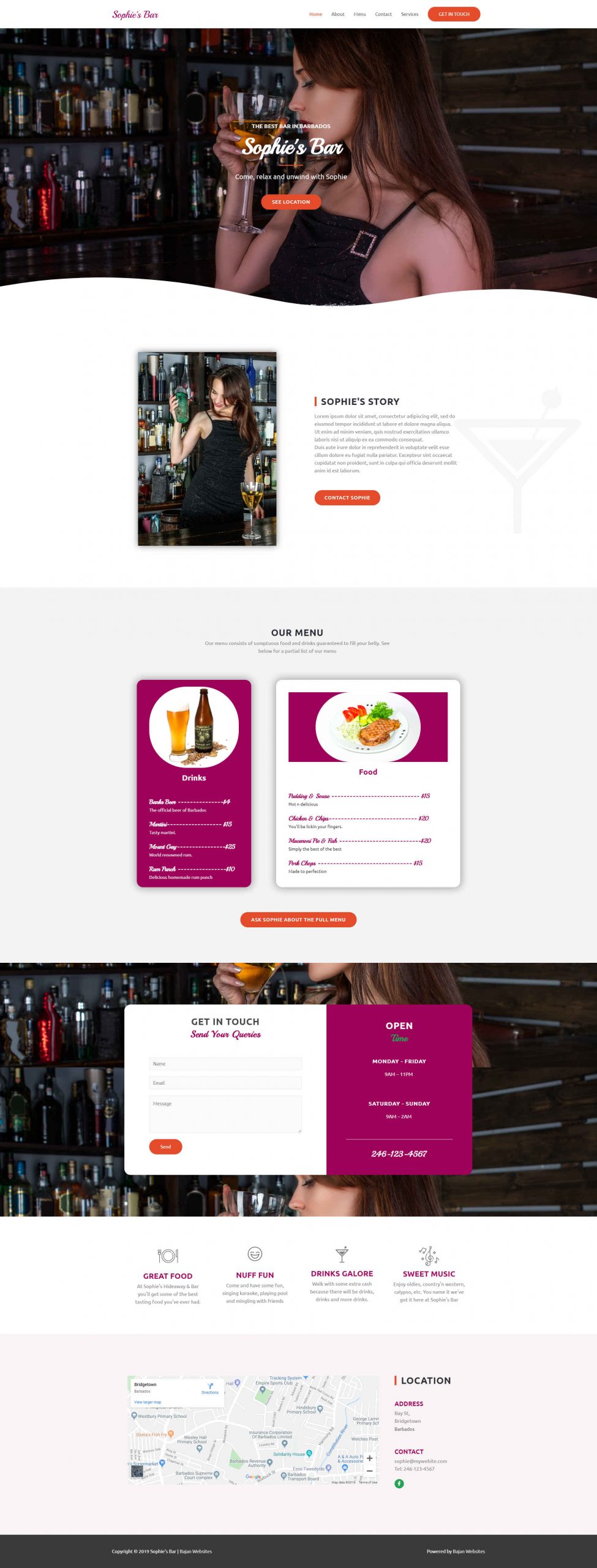 Sophie's Bar bar and restaurant demo website- Bajan Websites